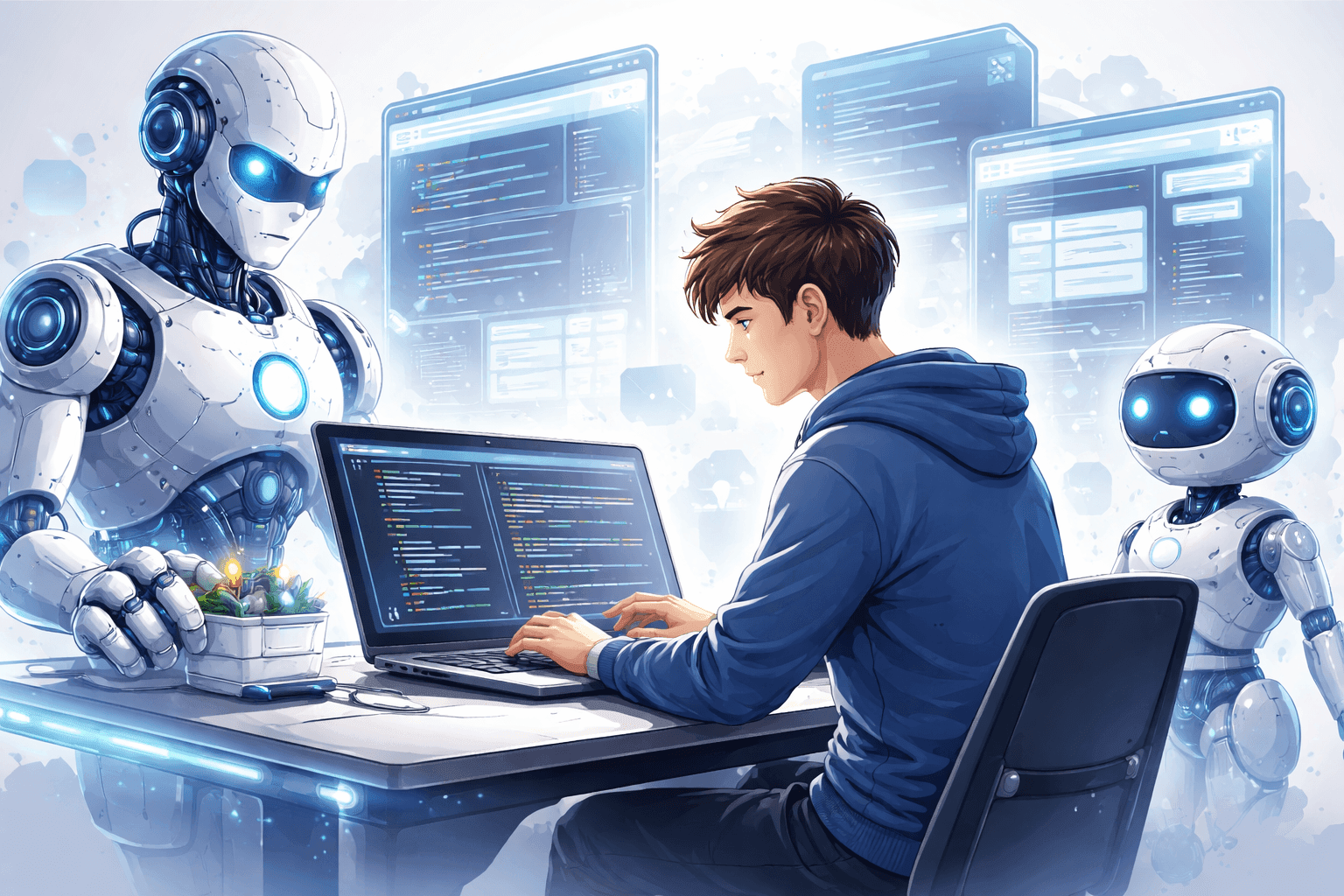 Programista w futurystycznym otoczeniu AI