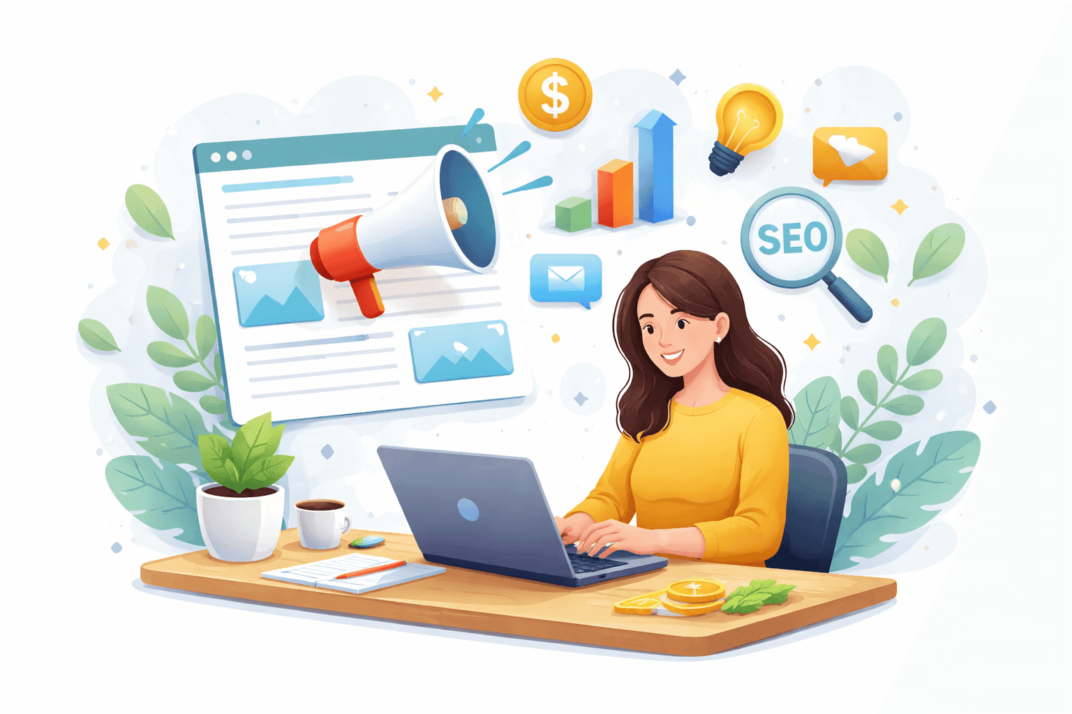 Kobieta siedząca przy laptopie SEO