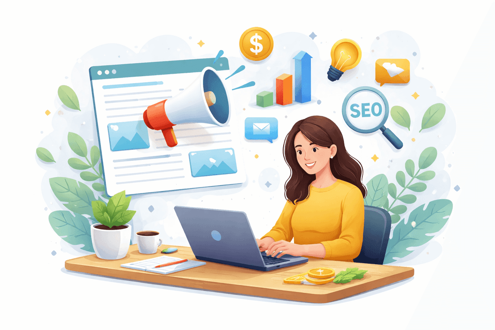 Kobieta siedząca przy laptopie SEO