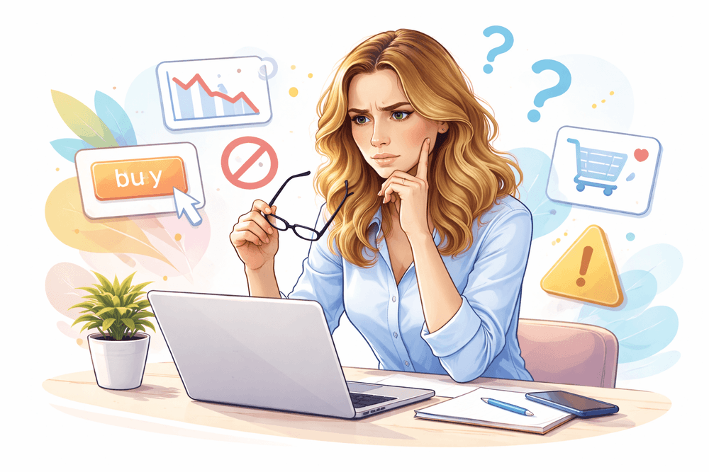 Kobieta zastanawiająca się przy laptopie