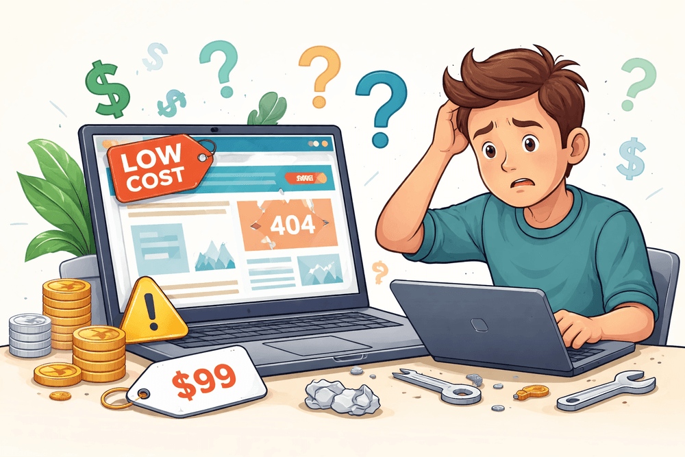 Zakłopotany człowiek z tanią stroną internetową